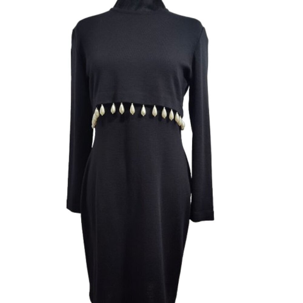 Vintage Outlander Long Sleeved Ivory Teardrop Beaded Black Dress Women's Small